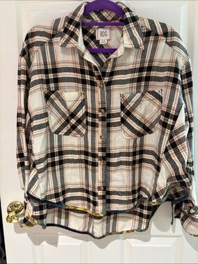 BDG Cream, Black & Orange Plaid Flannel Shirt